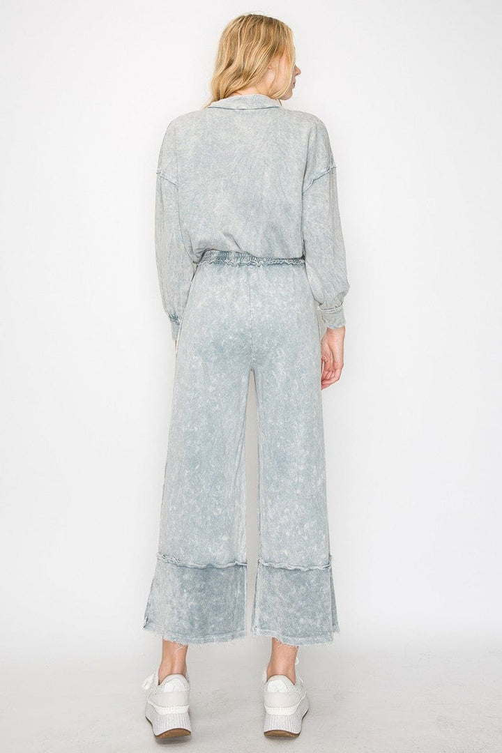 Mineral Wash Wide Pants with Raw Hem Frayed Details