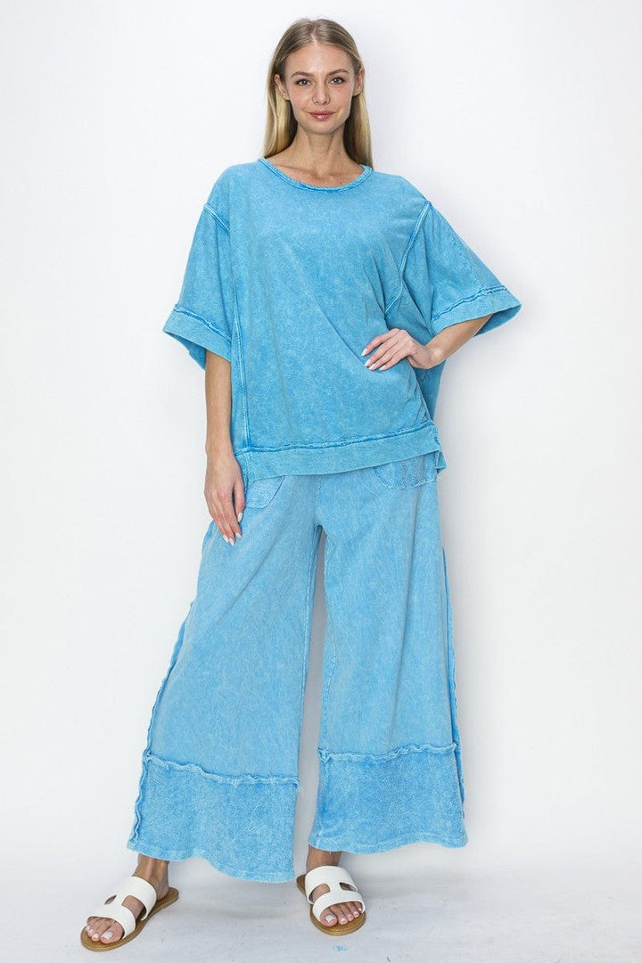 Mineral Wash Wide Pants with Raw Hem Frayed Details