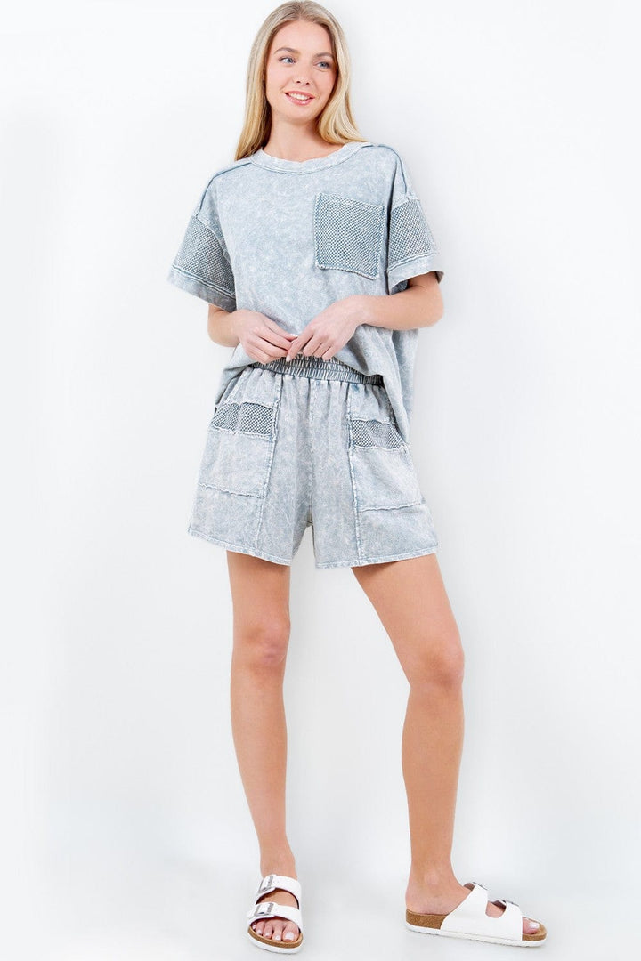 Mineral Washed Front Pocket Mesh Detail Shorts