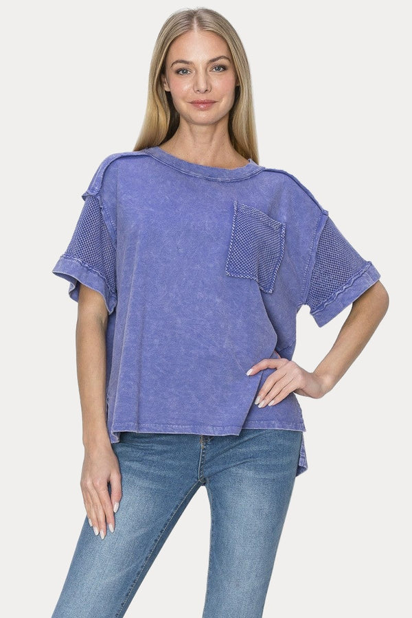 Mineral Washed Mesh Pocket and Sleeve Top