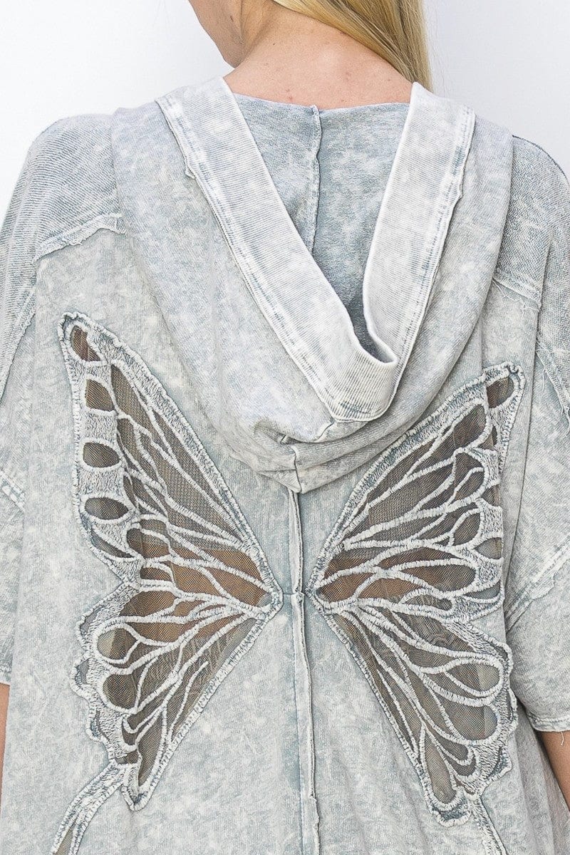 Mineral Washed See Through Butterfly Applique Short Sleeve Hooded Shacket
