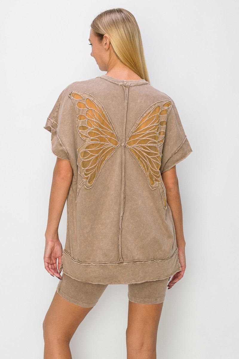 Mineral Washed See Through Butterfly Applique Short Sleeve Shirt