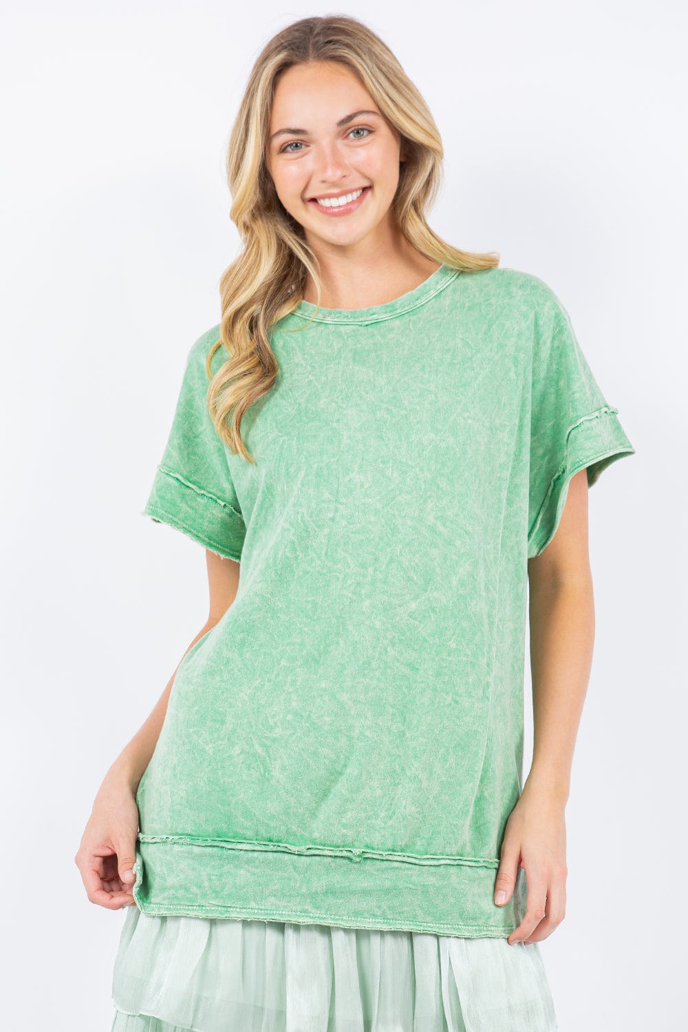 Mineral Washed See Through Butterfly Applique Short Sleeve