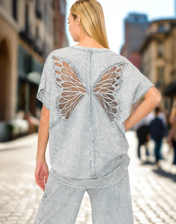 Mineral Washed See Through Butterfly Applique Short Sleeve Shirt