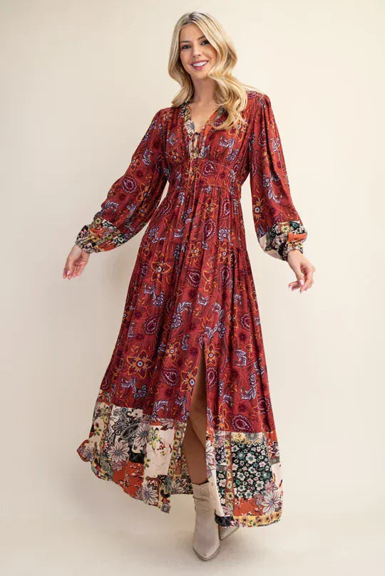 Mixed Floral Paisley Print Front Tie Bodice Side Slit Maxi Dress