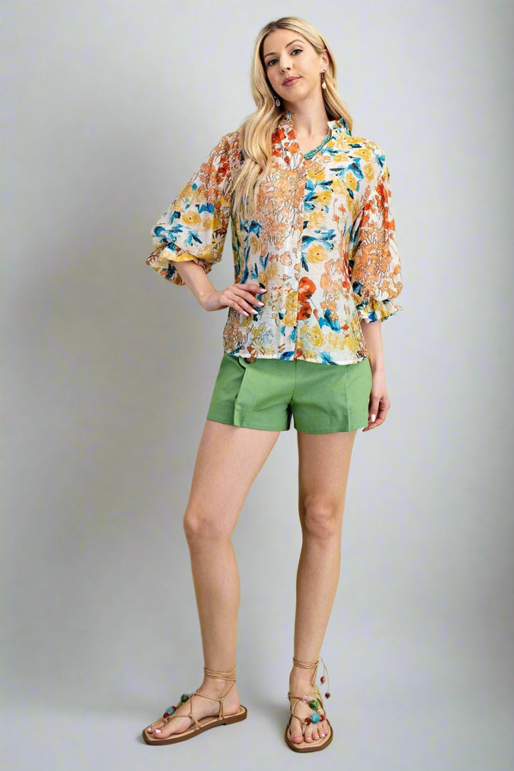 Mixed Style Artistic Floral Print 3/4 Balloon Sleeve Ruffle Collar Blouse