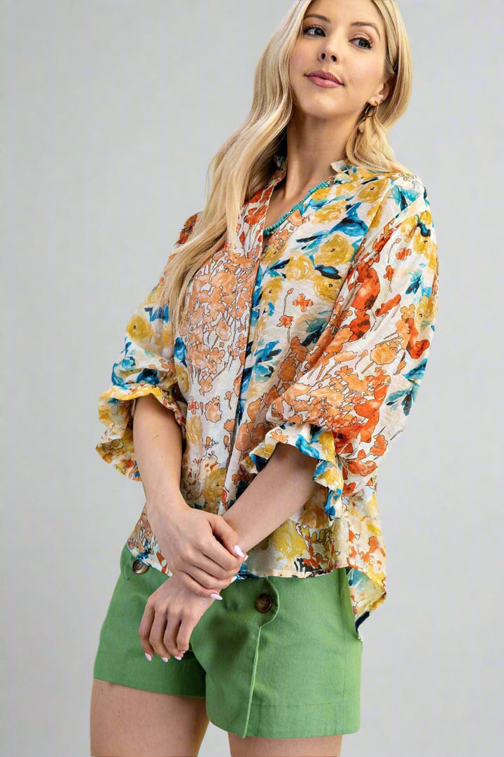 Mixed Style Artistic Floral Print 3/4 Balloon Sleeve Ruffle Collar Blouse