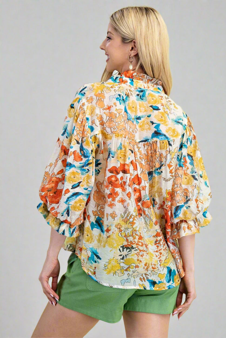 Mixed Style Artistic Floral Print 3/4 Balloon Sleeve Ruffle Collar Blouse