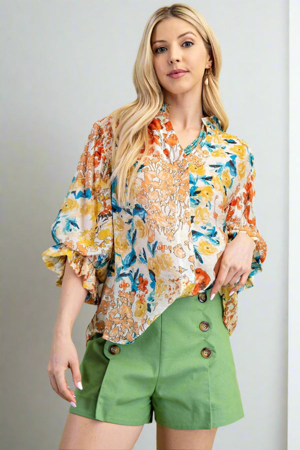 Mixed Style Artistic Floral Print 3/4 Balloon Sleeve Ruffle Collar Blouse