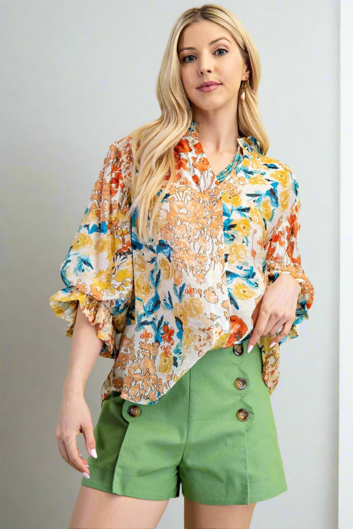 Mixed Style Artistic Floral Print 3/4 Balloon Sleeve Ruffle Collar Blouse