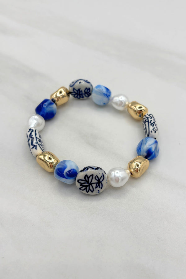 Mixed Traditional Ceramic Style, Pearl, and Gold Shiny Beaded Stretchy Bracelet