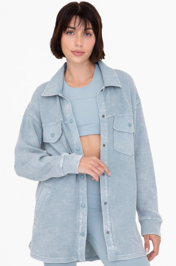 Mono B Waffle Knit Mineral-Washed Button Down Jacket