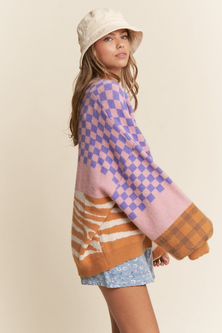 Multi Color Checker and Animal Print Open Front Cardigan