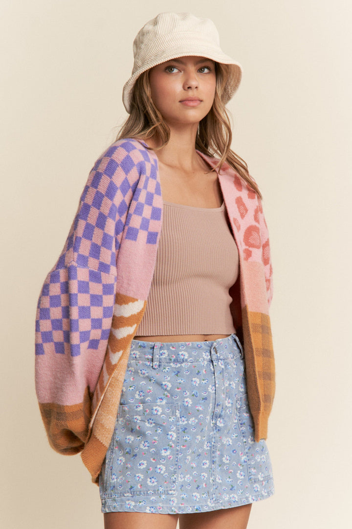 Multi Color Checker and Animal Print Open Front Cardigan