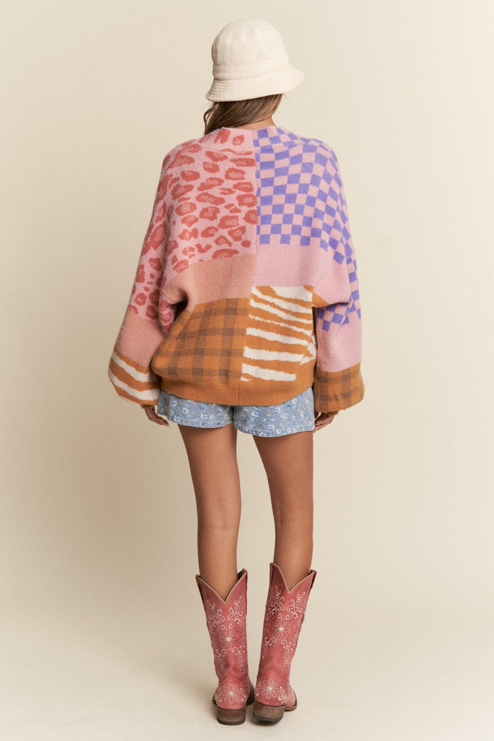 Multi Color Checker and Animal Print Open Front Cardigan