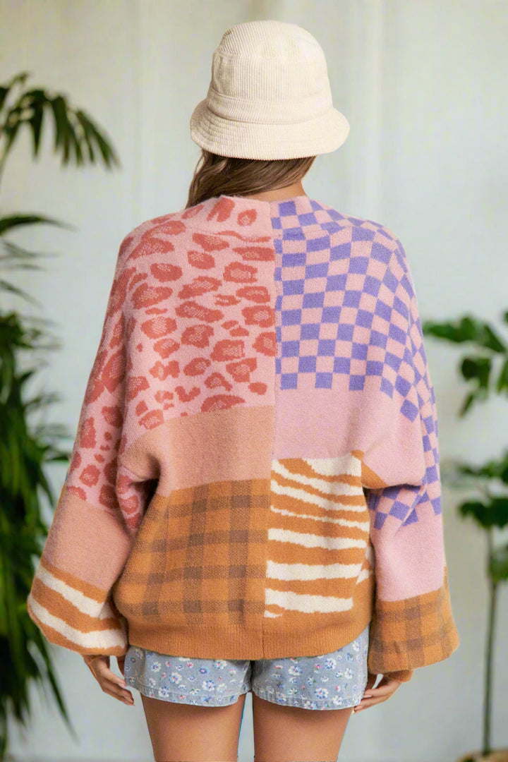 Multi Color Checker and Animal Print Open Front Cardigan