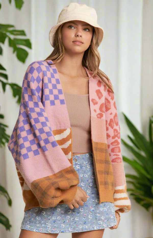 Multi Color Checker and Animal Print Open Front Cardigan