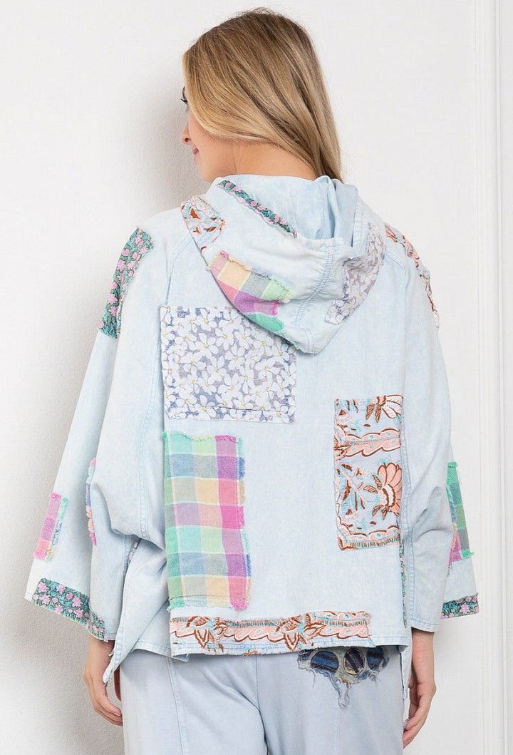 Multi Fabric Patchwork 3/4 Button Up Neckline Relaxed Fit Hoodie Top