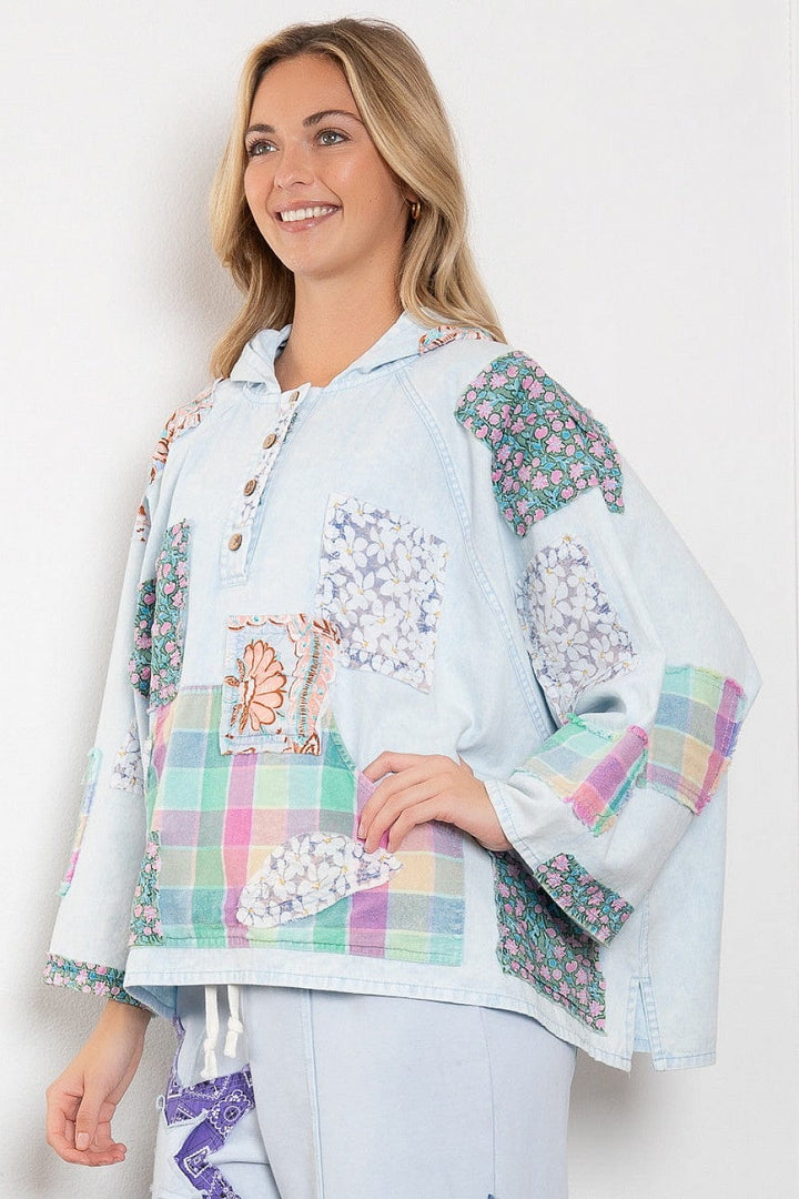 Multi Fabric Patchwork 3/4 Button Up Neckline Relaxed Fit Hoodie Top