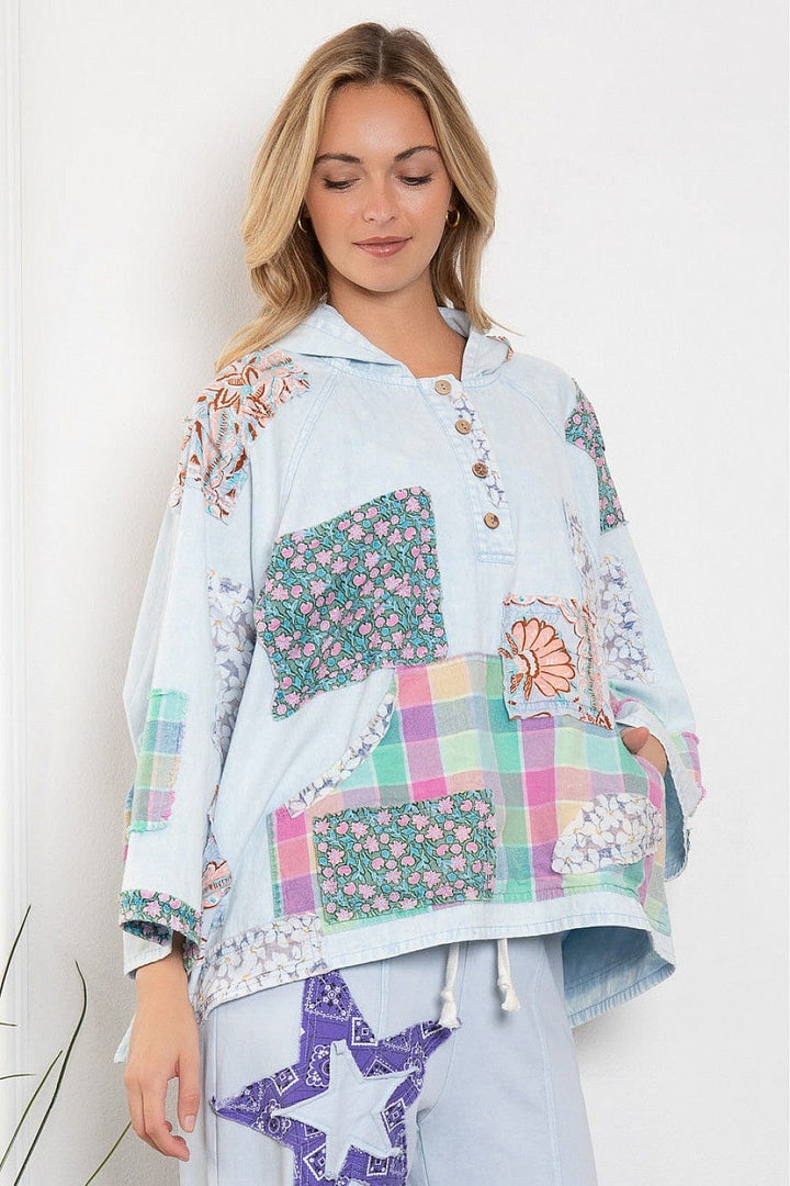 Multi Fabric Patchwork 3/4 Button Up Neckline Relaxed Fit Hoodie Top