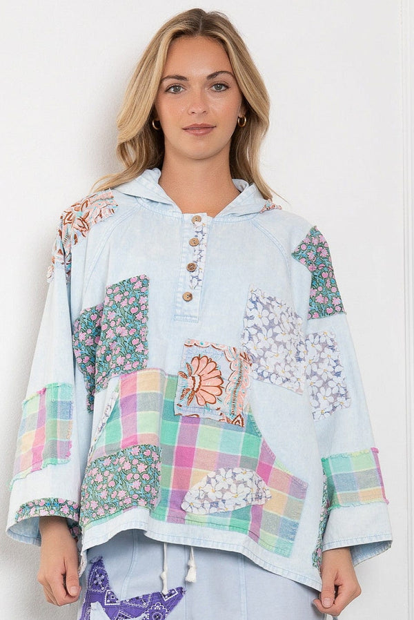 Multi Fabric Patchwork 3/4 Button Up Neckline Relaxed Fit Hoodie Top