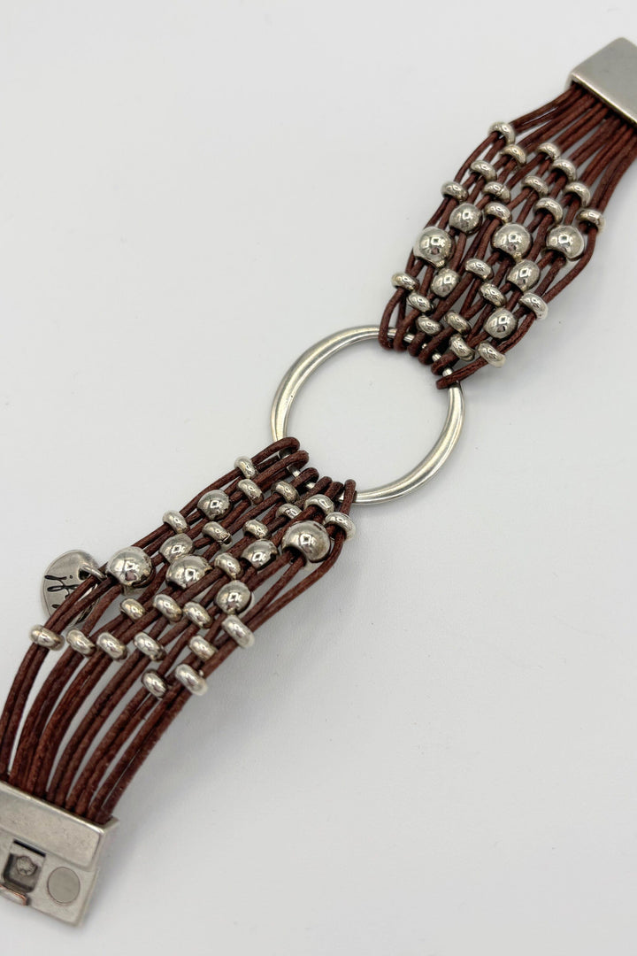 Multi Strand Leather Bracelet with Silver Beads and Center Circle