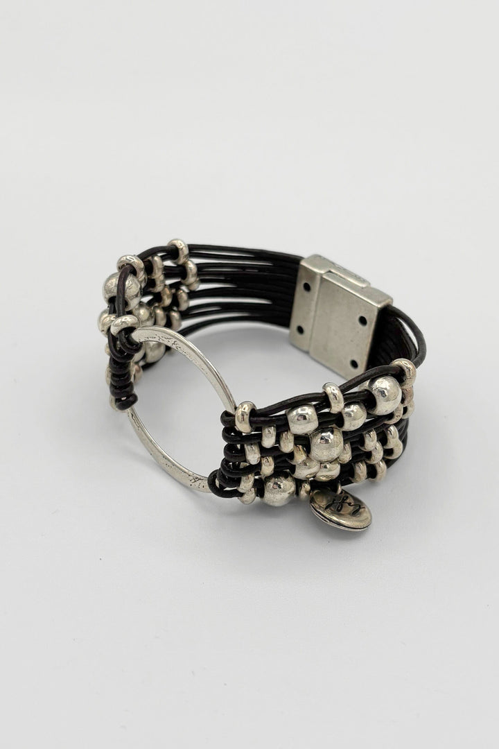 Multi Strand Leather Bracelet with Silver Beads and Center Circle