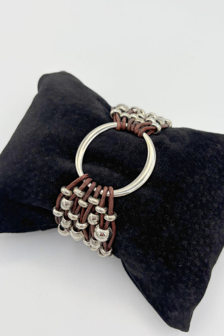 Multi Strand Leather Bracelet with Silver Beads and Center Circle