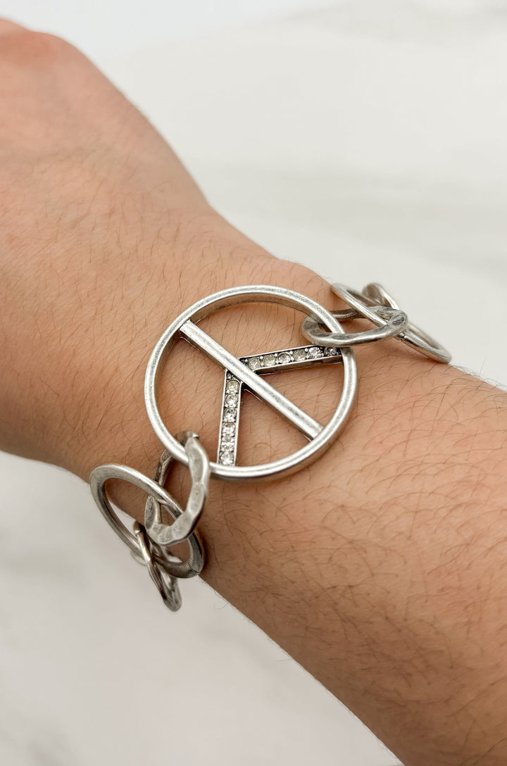 Multi Textured Metal and Embellished Peace Sign Bracelet