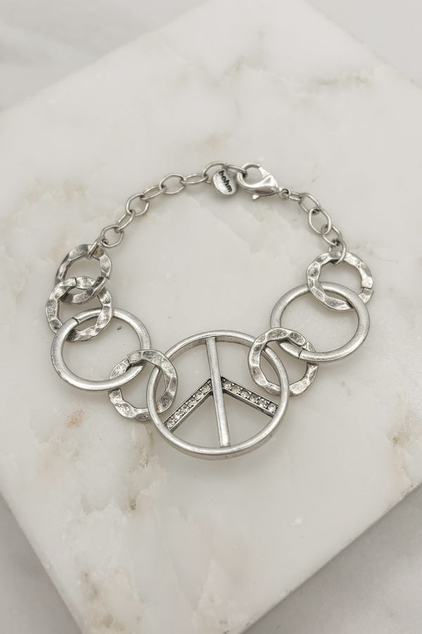 Multi Textured Metal and Embellished Peace Sign Bracelet