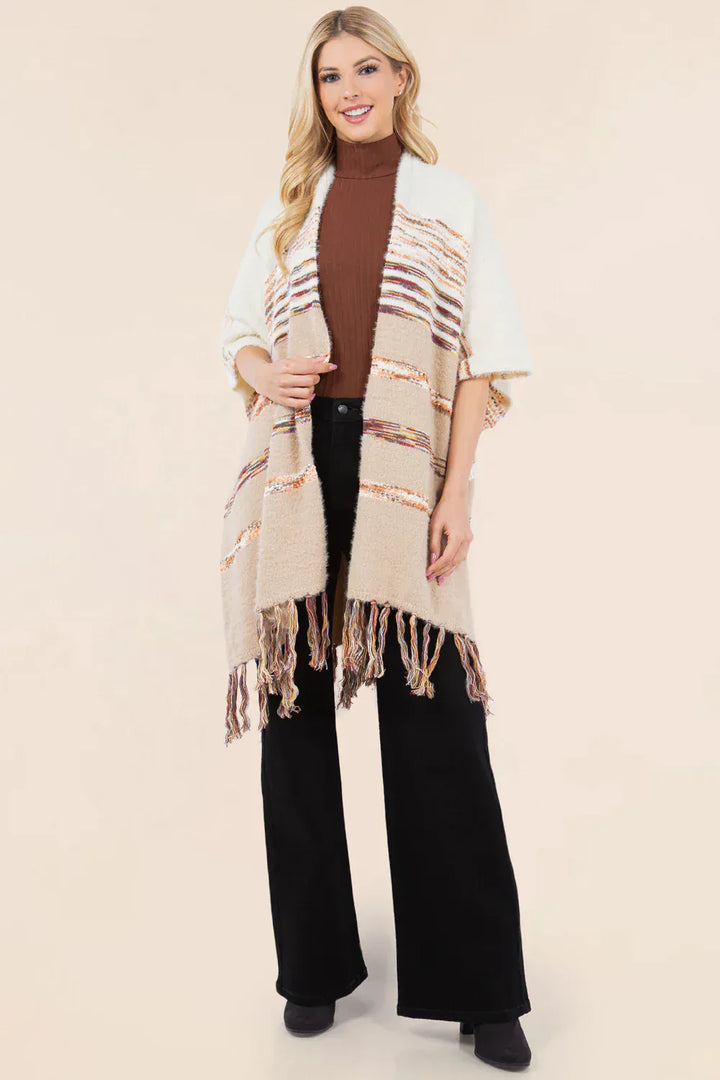 Multi Yarn Striped Flowy Cardigan with Tassel Hem