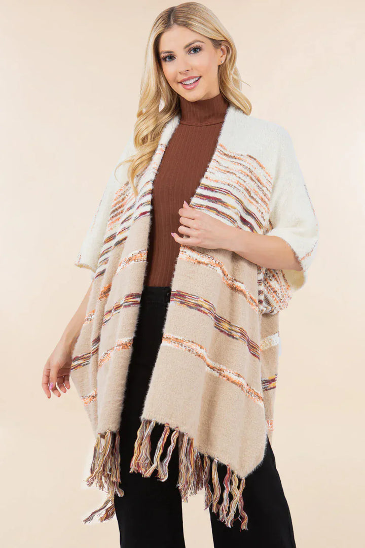 Multi Yarn Striped Flowy Cardigan with Tassel Hem