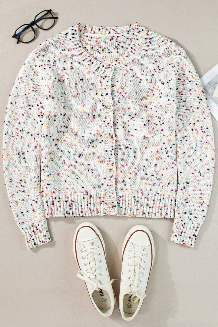 Multicolor Dotted Knit Crystal Studded Button Up Cardigan