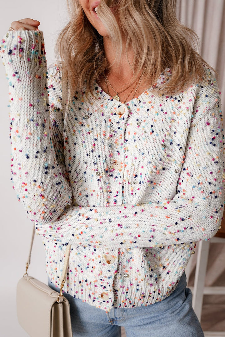 Multicolor Dotted Knit Crystal Studded Button Up Cardigan