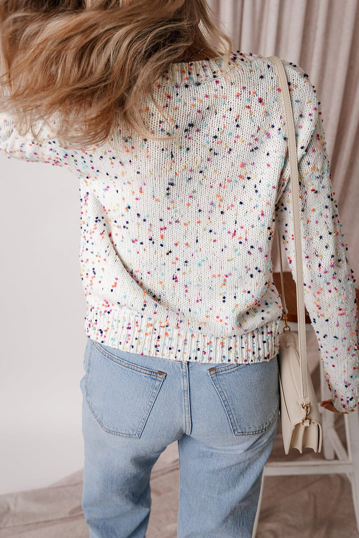 Multicolor Dotted Knit Crystal Studded Button Up Cardigan