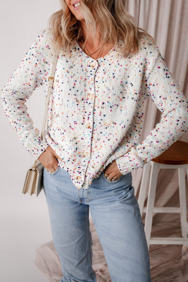 Multicolor Dotted Knit Crystal Studded Button Up Cardigan