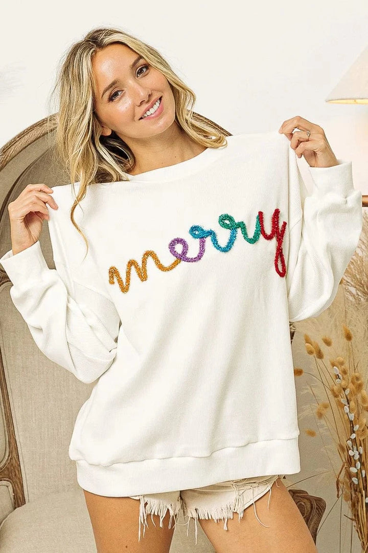 Multicolor Merry Metallic Tinsel Lettering Ribbed Pullover
