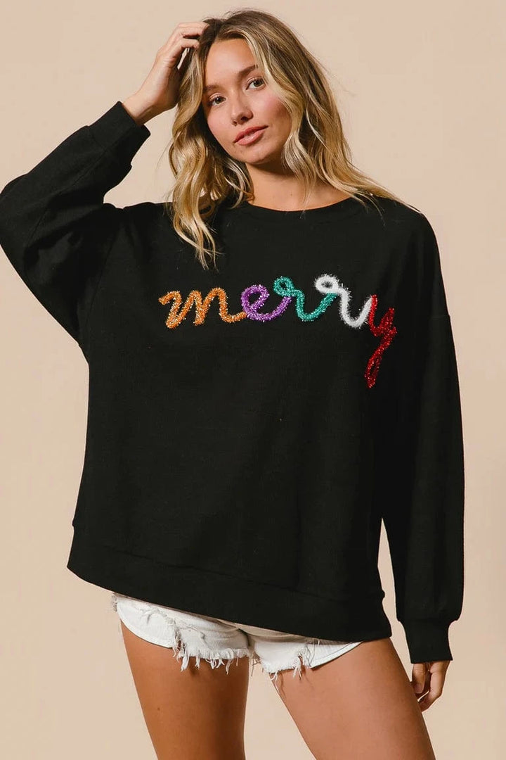 Multicolor Merry Metallic Tinsel Lettering Ribbed Pullover