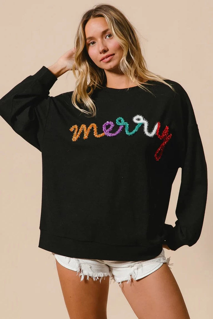 Multicolor Merry Metallic Tinsel Lettering Ribbed Pullover