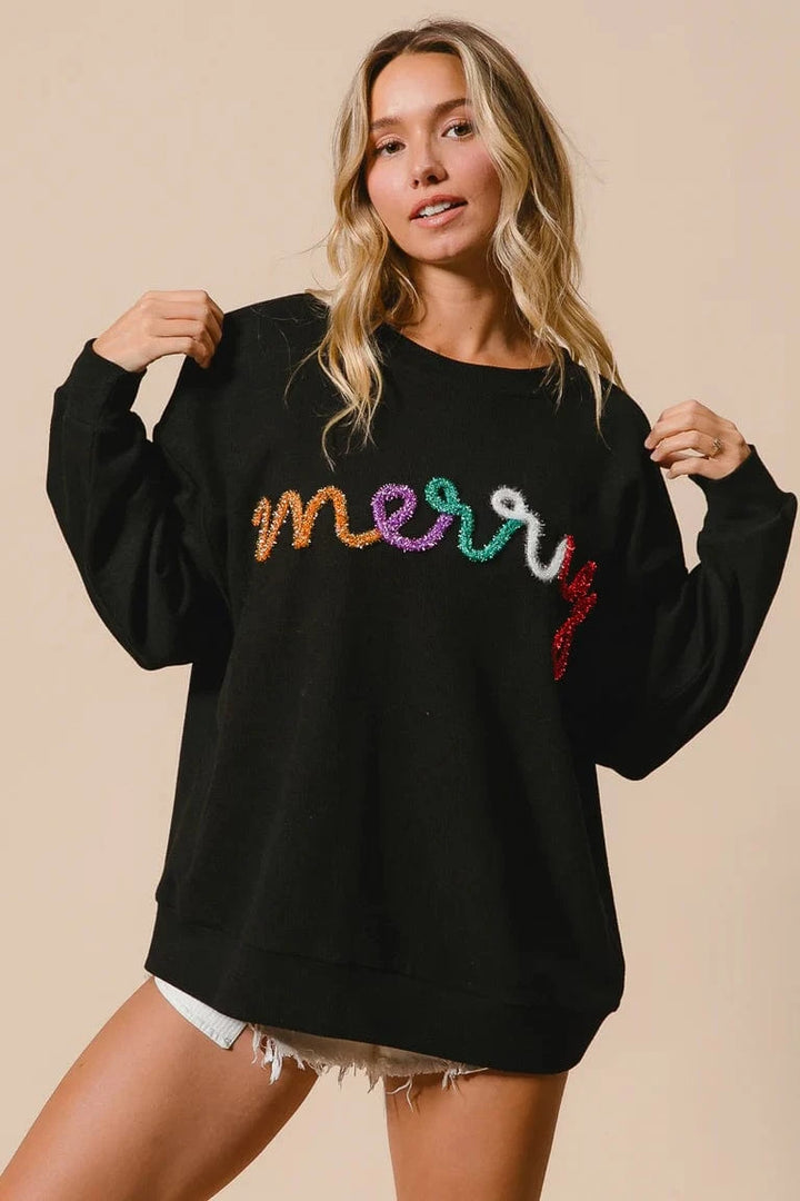 Multicolor Merry Metallic Tinsel Lettering Ribbed Pullover