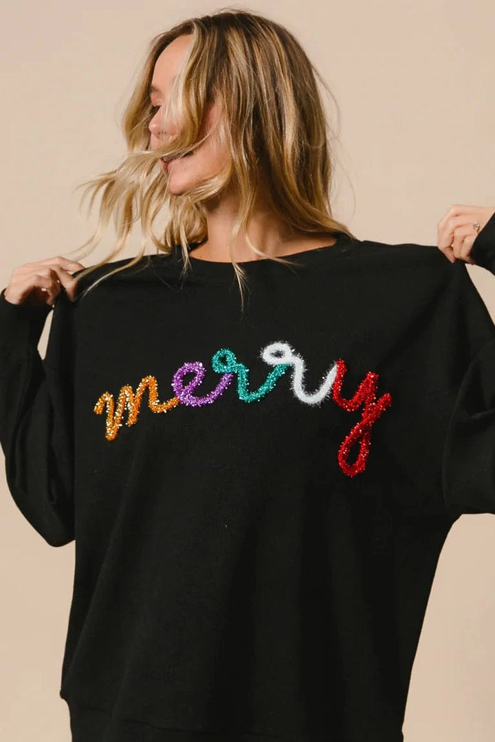 Multicolor Merry Metallic Tinsel Lettering Ribbed Pullover