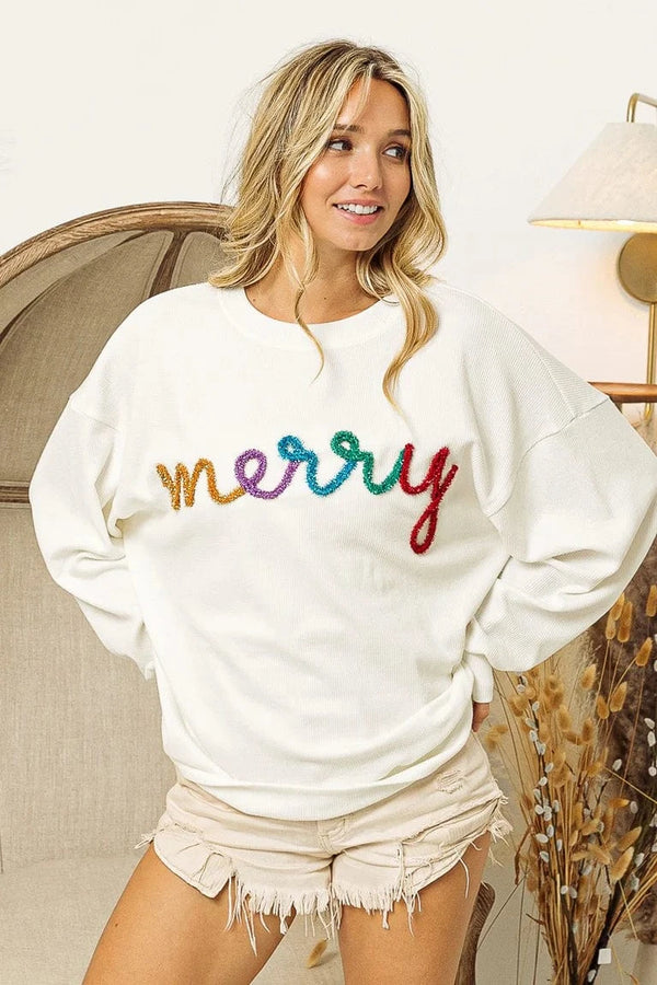 Multicolor Merry Metallic Tinsel Lettering Ribbed Pullover