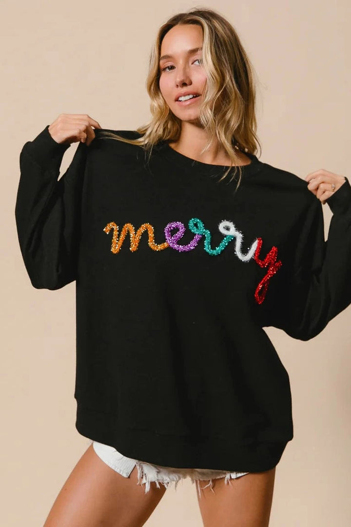 Multicolor Merry Metallic Tinsel Lettering Ribbed Pullover