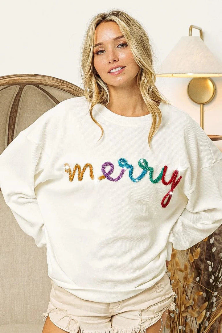 Multicolor Merry Metallic Tinsel Lettering Ribbed Pullover