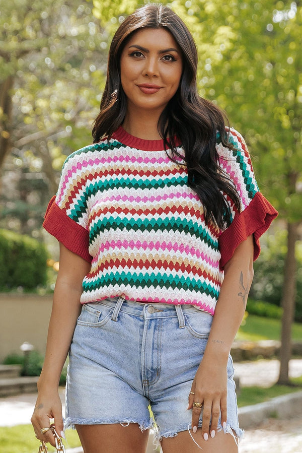 Multicolor Striped Ruffle Short Sleeve Textured Sweater Top