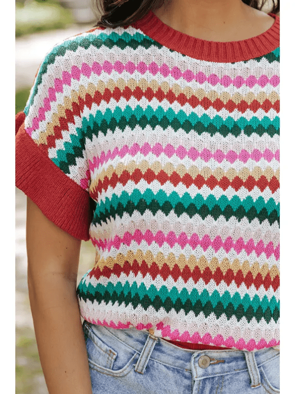 Multicolor Striped Ruffle Short Sleeve Textured Sweater Top