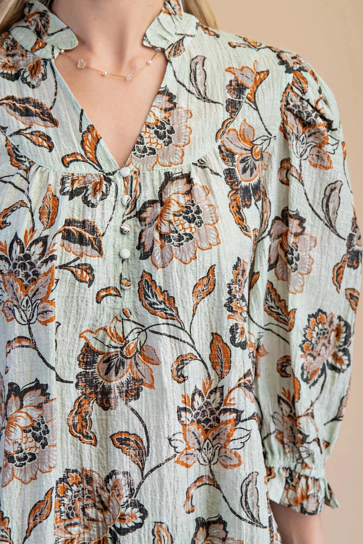 Muted Floral Print Covered Button Split Neckline Ruffle Collar Blouse
