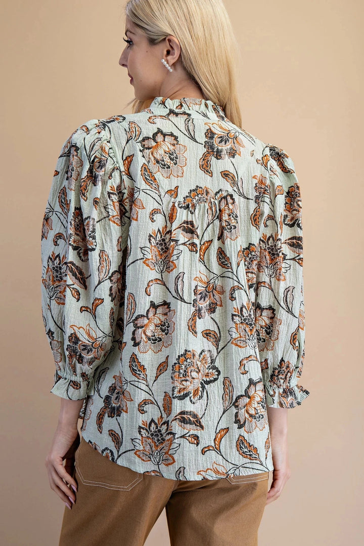 Muted Floral Print Covered Button Split Neckline Ruffle Collar Blouse