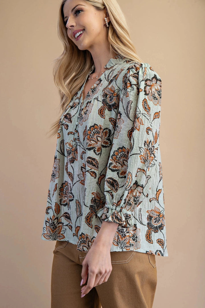 Muted Floral Print Covered Button Split Neckline Ruffle Collar Blouse