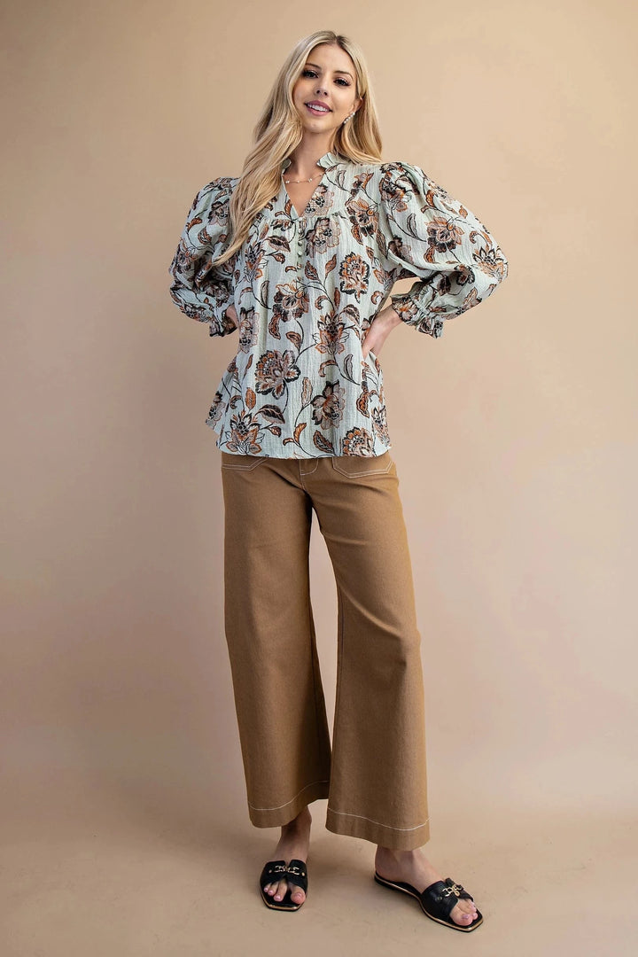 Muted Floral Print Covered Button Split Neckline Ruffle Collar Blouse